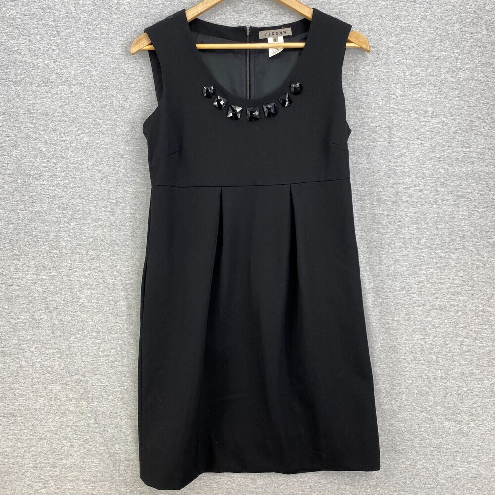 Jigsaw Dress Womens 6 Black Wool Sleeveless Empire Career Embellished Zipper